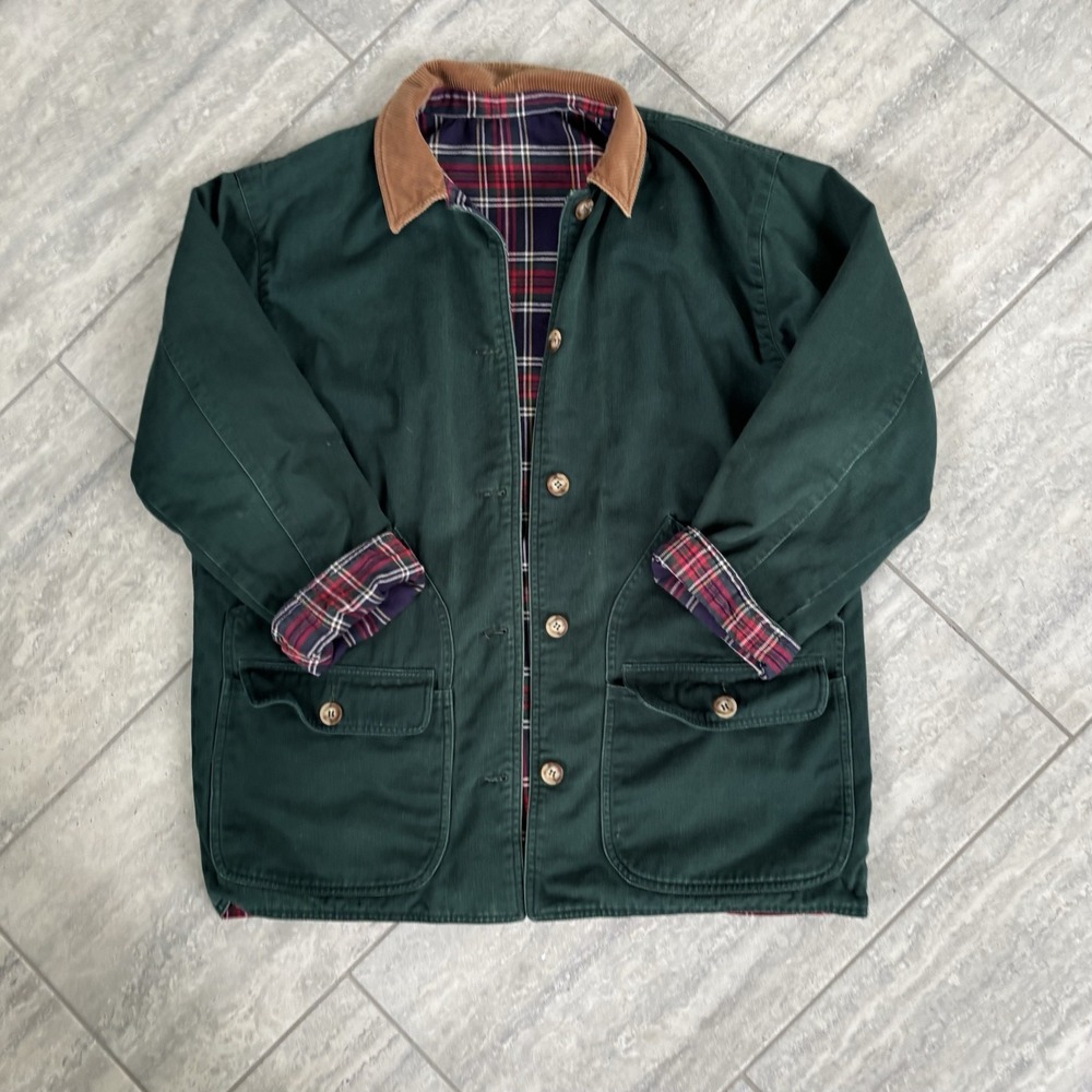 Vintage Talbots Barn Jacket Medium M Green Canvas Plaid Lined Corduroy Collar M